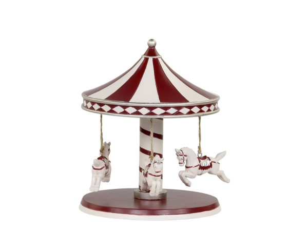 Červeno-bílá vánoční dekorace kolotoč s koníky Vintage Carousel - Ø 14*17 cm Chic Antique  - -