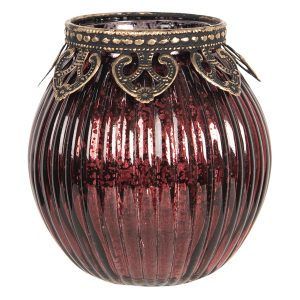 Červený skleněný svícen na čajovou svíčku s kovovým zdobením - Ø  9*9 cm Clayre & Eef  - -
