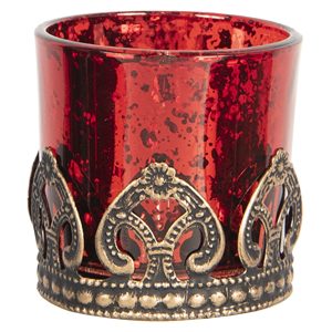 Červený skleněný svícen na čajovou svíčku s kovovým zdobením -Ø  5*5 cm Clayre & Eef  - -