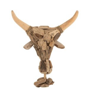 Dřevěná dekorace hlava býka na noze Bull Head - 41*15*59cm J-Line by Jolipa  - -