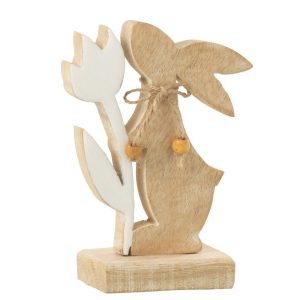 Dřevěná dekorace králíček s tulipánem - 10*5*15 cm J-Line by Jolipa  - -