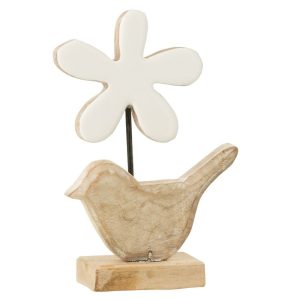 Dřevěná dekorace ptáček s bílou květinou - 12*5*19 cm J-Line by Jolipa  - -