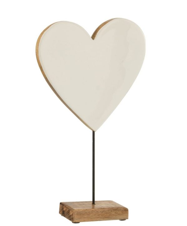 Hnědo-bílá dřevěná dekorace srdce na podstavci - 19*8*33 cm J-Line by Jolipa  - -