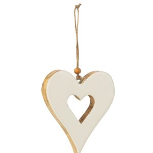 Hnědo-bílá dřevěná dekorace závěsné srdce - 10*1