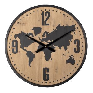 Hnědo černé nástěnné hodiny s mapou světa - Ø 50*4 cm / 1*AA Clayre & Eef  - -