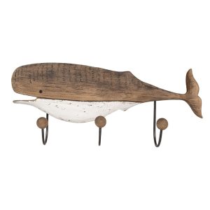 Hnědý antik dřevěný nástěnný věšák se 3-mi háčky Velryba Nauticco - 53*10*23 cm Clayre & Eef  - -