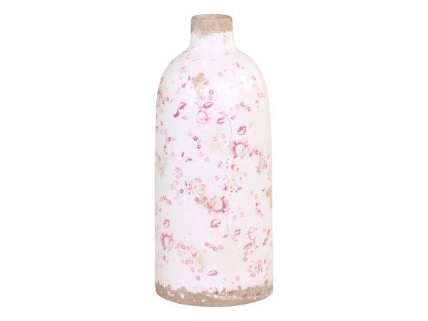Keramická dekorační váza s růžovými kvítky Floral Cannes - Ø 11*26cm Chic Antique  - -