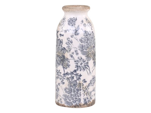 Keramická dekorační váza se šedými květy Melun -  Ø 8*20cm Chic Antique  - -