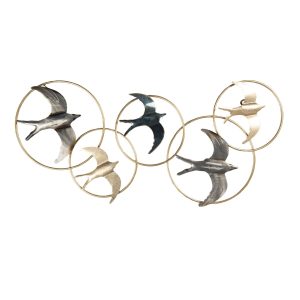 Kovová nástěnná dekorace s ptáky ve zlatých kruzích - 84*3*42 cm Clayre & Eef  - -
