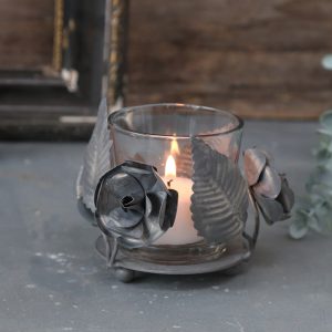 Kovovo - skleněný antik svícen s květy Flow - Ø 9*7 cm Chic Antique  - -