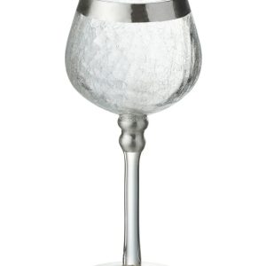 Menší skleněný  transparentní svícen na nožičce na čajovou svíčku  se stříbrným zdobením  - Ø 9*20 cm J-Line by Jolipa  - -