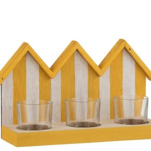 Dřevěný svícen žluto bílé plážové domečky se třemi skleněnými miskami na čajovou svíčku - 25