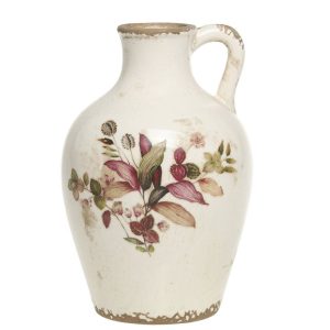 Krémová baňatá váza s ouškem a květy Florac - 14*21 cm Chic Antique  - -