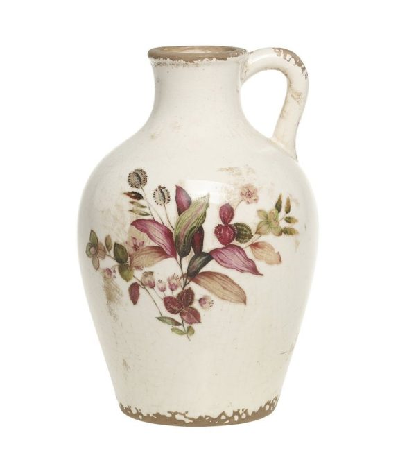 Krémová baňatá váza s ouškem a květy Florac - 14*21 cm Chic Antique  - -