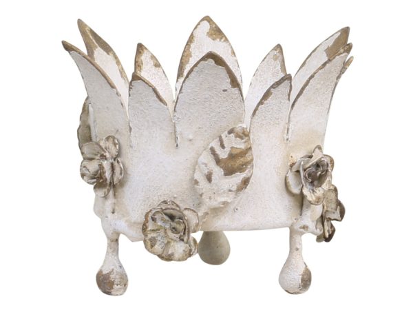 Krémový antik svícen s květy na širokou svíčku Crown - Ø 11*9cm Chic Antique  - -