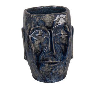 Modrý keramický obal na květináč/ váza s obličejem Blue Dotty L - 17*14*21 cm Clayre & Eef  - -