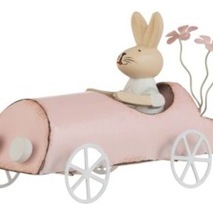 Retro dekorace králíček v růžovém autě - 17*7
