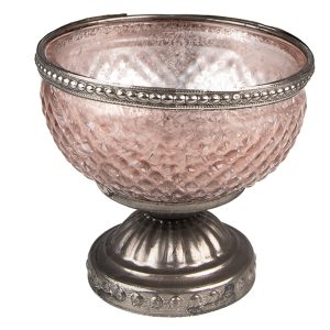 Růžový skleněný svícen na čajovou svíčku se zdobným okrajem - Ø 11*10 cm Clayre & Eef  - -