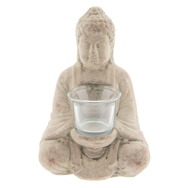 Šedý teracottový svícen budha na čajovou svíčku - 13*11*21 cm Clayre & Eef  - -