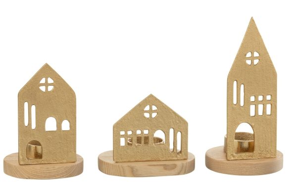 Set 3ks svícen domek na čajovou svíčku House gold - 9*9*19 cm J-Line by Jolipa  - -