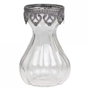 Skleněná dekorační váza s kovovým zdobením Hyacinth -  Ø 9*15cm Chic Antique  - -