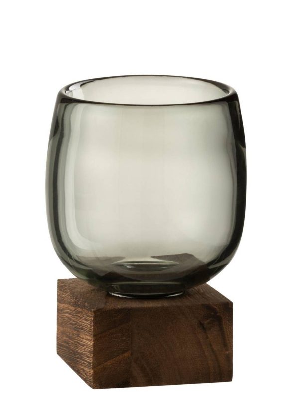 Skleněný svícen / váza na dřevěném podnosu - 10*10*14 cm J-Line by Jolipa  - -