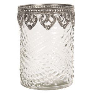 Skleněný transparentní svícen na čajovou svíčku s kovovým zdobením - Ø 8*12 cm Clayre & Eef  - -