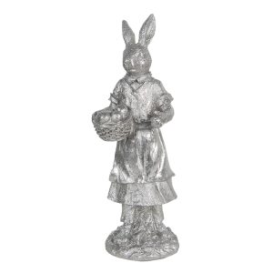 Stříbrná dekorace králíka s košíkem s vajíčky Métallique - 13*12*34 cm Clayre & Eef  - -