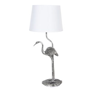 Stříbrná stolní lampa s dekorací plameňáka a bílým stínidlem – Ø 25*58 cm / E27 Clayre & Eef  - -