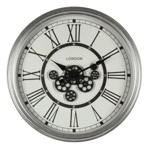 Stříbrné antik nástěnné hodiny s ozubenými kolečky London - Ø 60*10 cm Clayre & Eef  - -