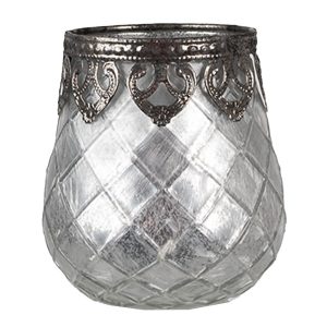 Stříbrno-šedý skleněný svícen na čajovou svíčku - Ø 9*11 cm Clayre & Eef  - -