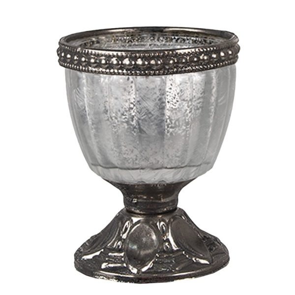 Stříbrno-šedý skleněný svícen na noze na čajovou svíčku - Ø 6*8 cm Clayre & Eef  - -