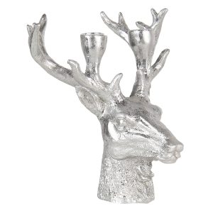 Stříbrný svícen hlava jelena s patinou - 22*21*24 cm Clayre & Eef  - -