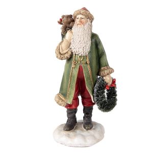 Vánoční dekorace socha Santa v zeleném s věnečkem - 7*7*15 cm Clayre & Eef  - -