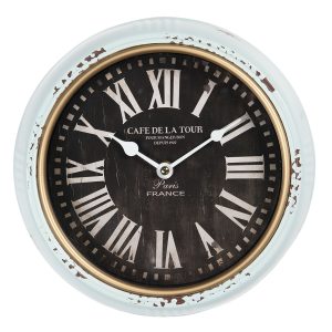 Mintové vintage nástěnné hodiny s patinou Cafe De La Tour – Ø 24 *3 cm / 1*AA Clayre & Eef  - -