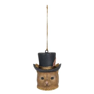Závěsná dekorace hlava kočky s kloboukem - 6*6*8 cm Clayre & Eef  - -