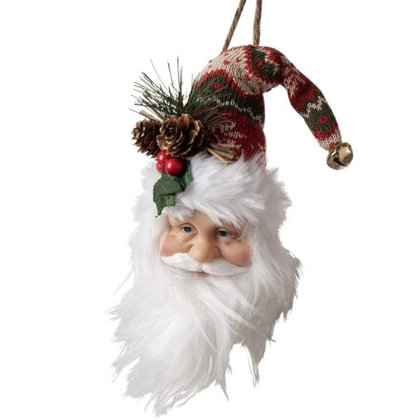 Závěsná dekorace hlava Santa s barevnou čepicí - 10*9*28 cm Clayre & Eef  - -