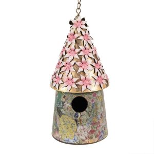 Závěsná dekorace ptačí budka s ptáčky a květy - Ø 17*33/70 cm Clayre & Eef  - -