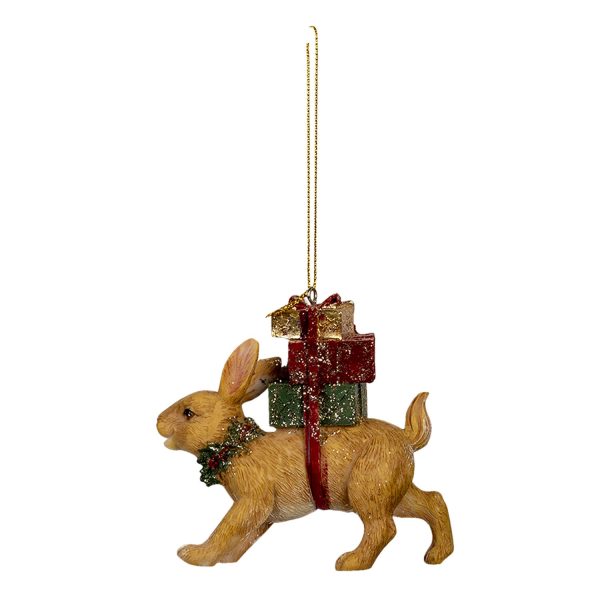 Závěsná vánoční dekorace zajíce s dárky - 9*3*9 cm Clayre & Eef  - -