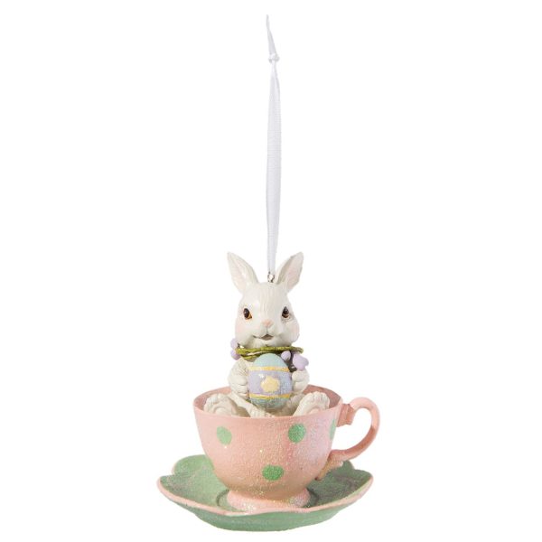 Závěsná velikonoční dekorace králíček v šálku - Ø 9*11 cm Clayre & Eef  - -