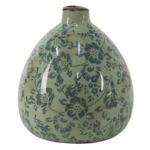 Zelená dekorační váza s modrými květy Minty - Ø 13*14 cm Clayre & Eef  - -