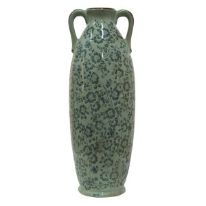 Zelená dekorační váza s modrými květy Minty - Ø 16*45 cm Clayre & Eef  - -