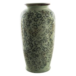Zelená dekorační váza s modrými květy Minty - Ø17*35 cm Clayre & Eef  - -