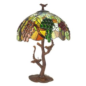 Zelená stolní lampa Tiffany s hroznovým vínem a ptáčky Poulien - Ø 41*58 cm E27/max 2*60W Clayre & Eef  - -