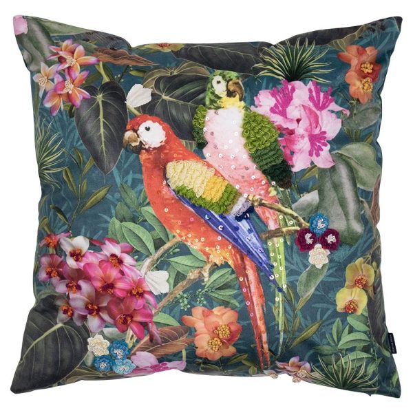 Zelený ručně vyrobený polštář s papoušky Parrot - 45*45*10cm Mars & More  - -