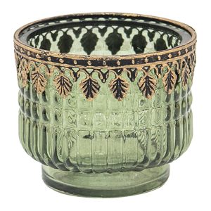 Zelený skleněný svícen na čajovou svíčku s kovovým lemem - Ø 9*8 cm Clayre & Eef  - -