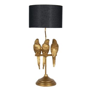 Zlatá lampa s dekorací papoušků s černým stínidlem – Ø 33*79 cm E27/max 1*60W Clayre & Eef  - -