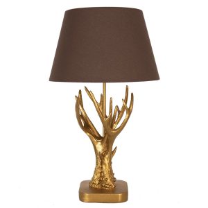 Zlatá stolní lampa s parožím a hnědým stínidlem - Ø 35*59 cm E27/max 1*60W Clayre & Eef  - -