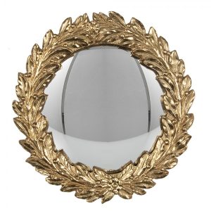 Zlaté kulaté nástěnné vypouklé zrcadlo s listy Baroq – 19*2*19cm Clayre & Eef  - -