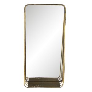 Zlaté obdélníkové zrcadlo v kovovém rámu s dřevěnou poličkou Gold- 29*11*59 cm Clayre & Eef  - -